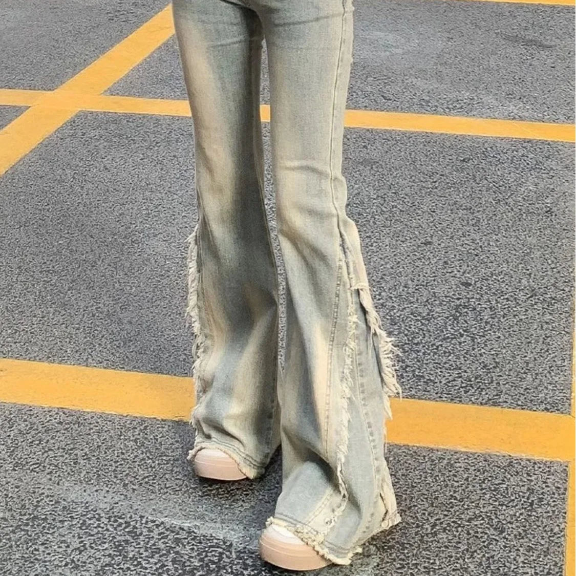 Women Vintage Blue Jeans High Waist American Retro 90s Raw Material Edge Design Y2k Denim Pants Streetwear Wide Leg Jeans