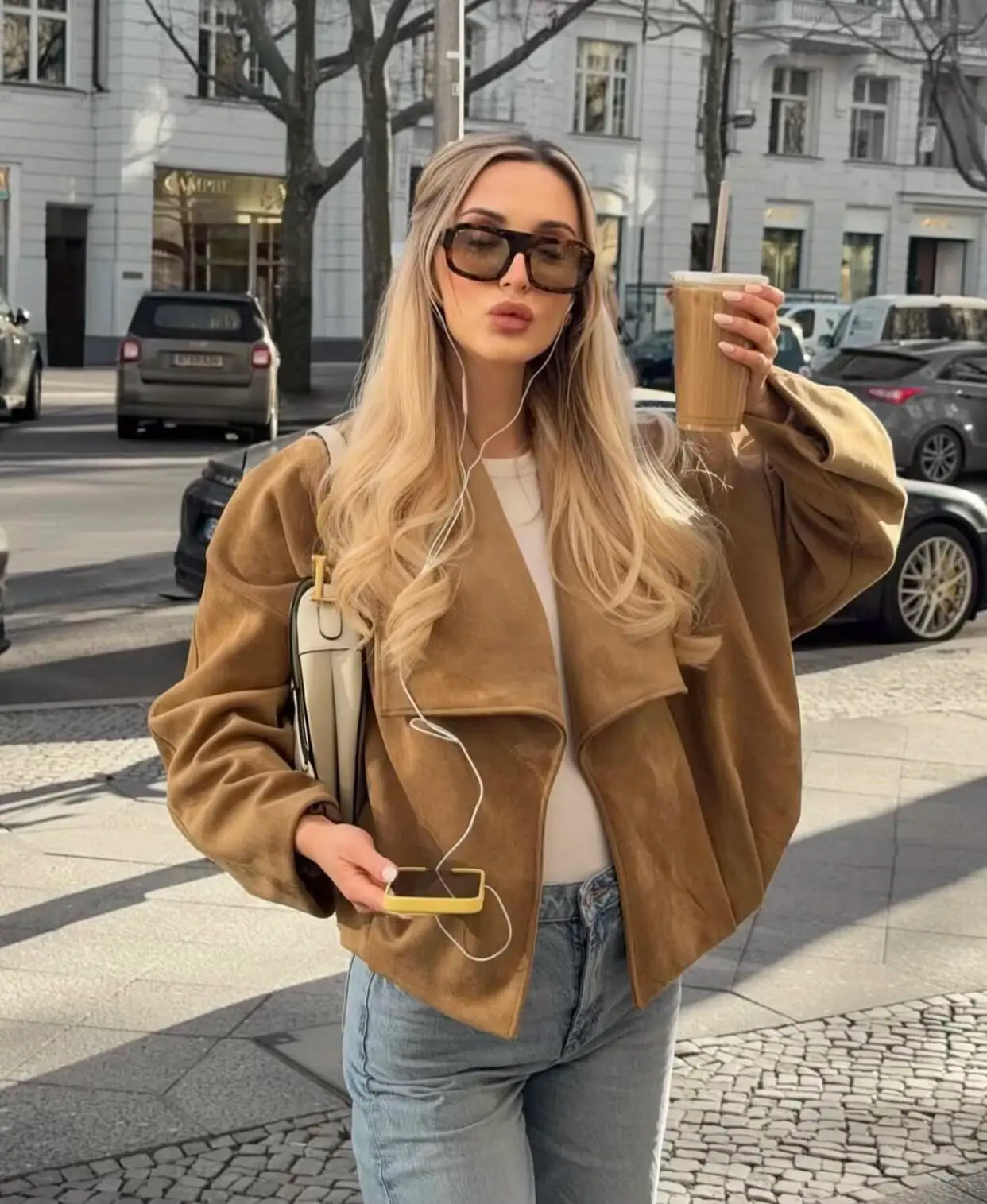 Women’s Camel Draped Front Jacket – Trendy Winter Fashion Outerwear | Stylish Long Sleeve Casual Jacket for Women