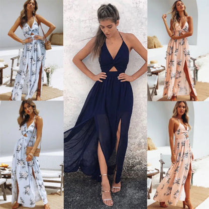 Womens Summer Boho Maxi Long Dress Evening Party Beach Dresses Sundress Floral Halter Dress Summer 2026