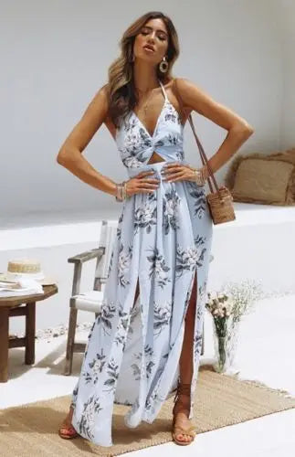 Womens Summer Boho Maxi Long Dress Evening Party Beach Dresses Sundress Floral Halter Dress Summer 2026