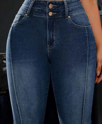 Women's High-Waisted Stretch Denim Trousers Double Button Detail Comfortable Fit Straight Leg Jeans