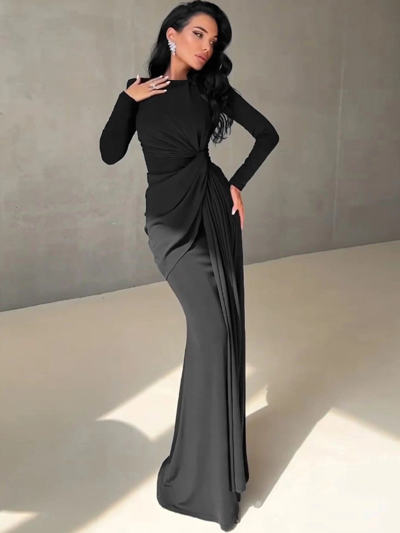 Elegant Ruched Maxi Dress for Women Long Sleeve Sexy Bodycon Club Party Evening Pleated Satin Fishtail Evening Dresses Skirt