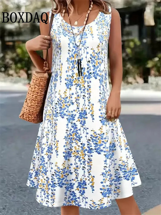 Summer Retro Plant Flowers Print Dress Women Round Neck Sleeveless Vest Dress Casual Vacation Beach Loose Sundress Women's Dress