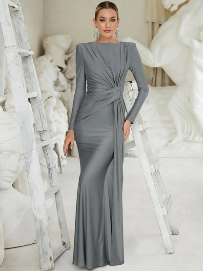 Elegant Ruched Maxi Dress for Women Long Sleeve Sexy Bodycon Club Party Evening Pleated Satin Fishtail Evening Dresses Skirt