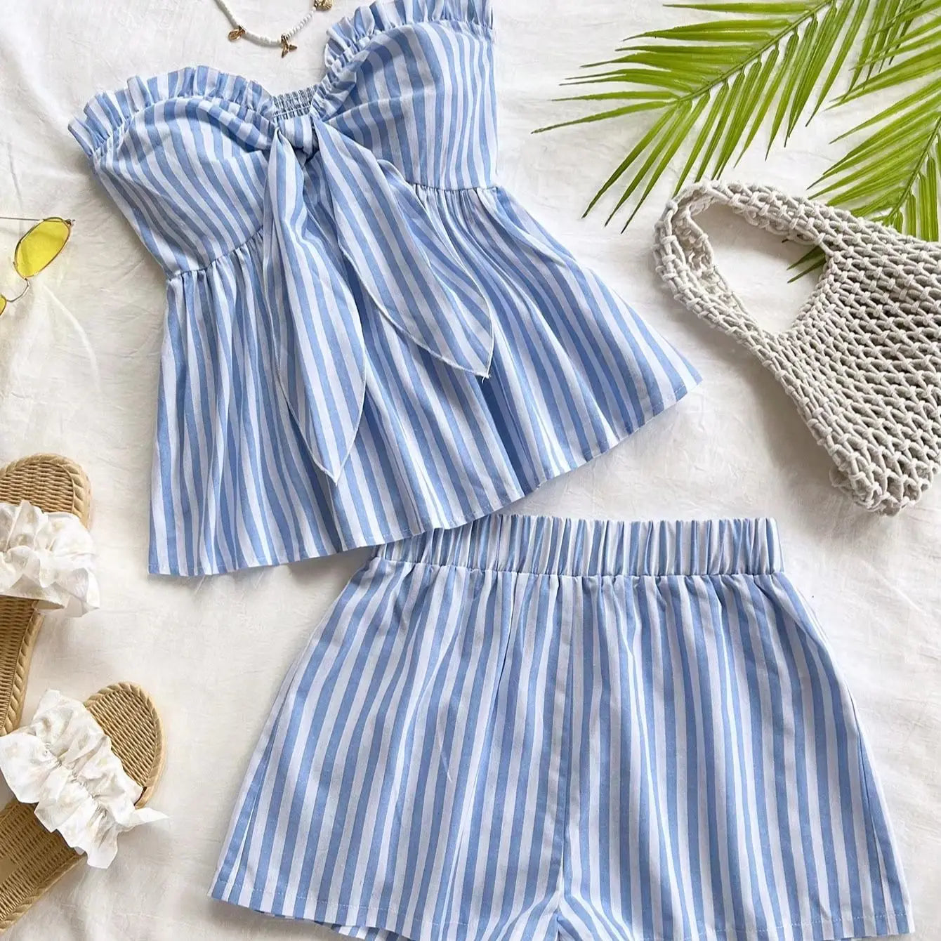 Blue And White Striped Set with Bow Waist Top And Casual Shorts Women's Preppy Style Outfit Two-Piece Ensemble