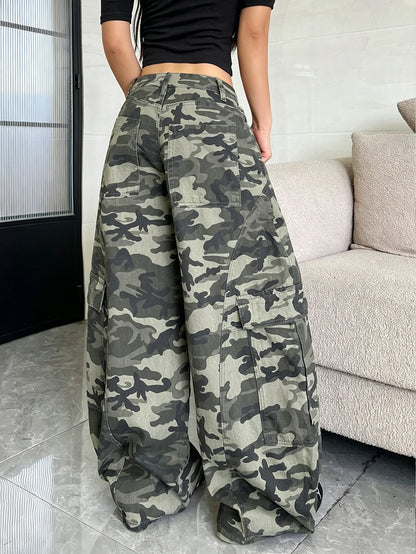 Women's American Vintage Multi-Pocket Camouflage Work Pants, Fashionable Casual Loose-Fit Slim Cocoon-Style Jeans