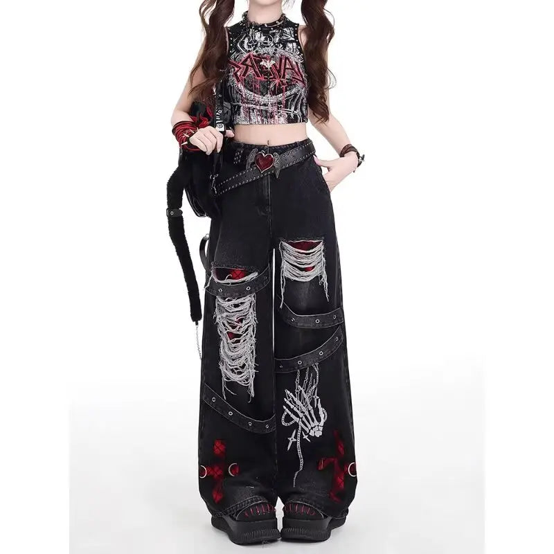 American Style Spicy Girl Loose Lazy and Relaxed Denim Pants Female punk Retro Washed Fashionable Versatile Casual Pants