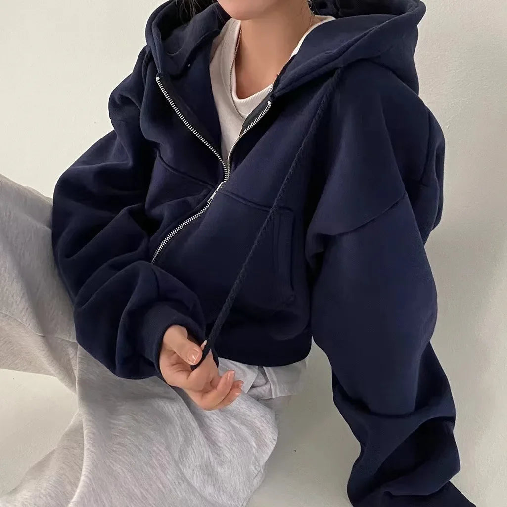 Casual Hood Sweatshirt Women Y2K Zip Up Hoodies Solid Harajuku Long Sleeve Shirt  Crop Tops Female Loose Jackets Coat