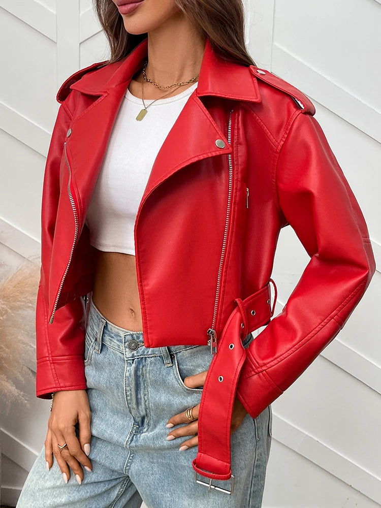Ailegogo Spring Autumn Women Faux Pu Leather Short Jacket with Belt Motorcycle Biker Female Zipper Lapel Loose Coat Outwear