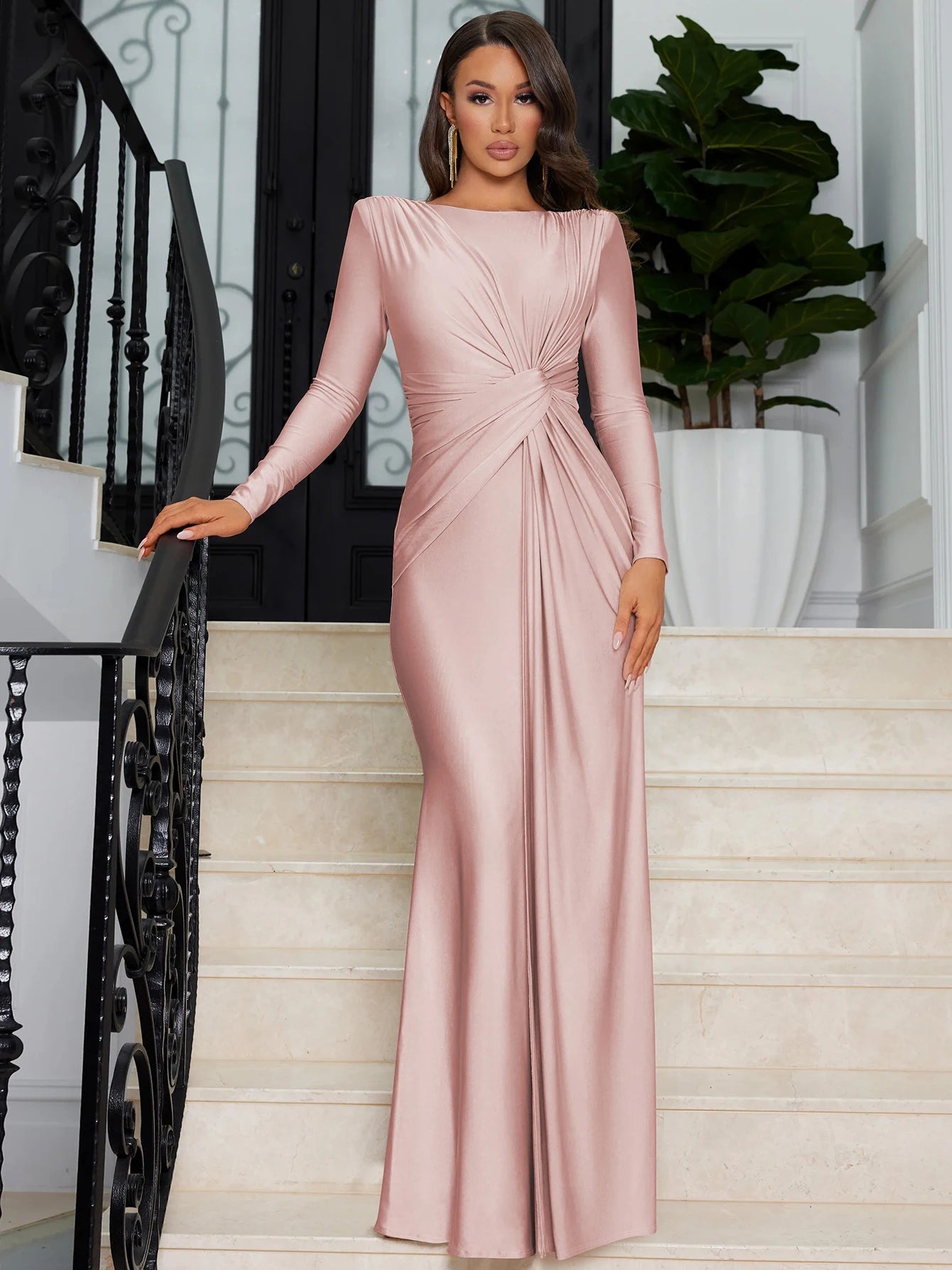 Elegant Ruched Maxi Dress for Women Long Sleeve Sexy Bodycon Club Party Evening Pleated Satin Fishtail Evening Dresses Skirt
