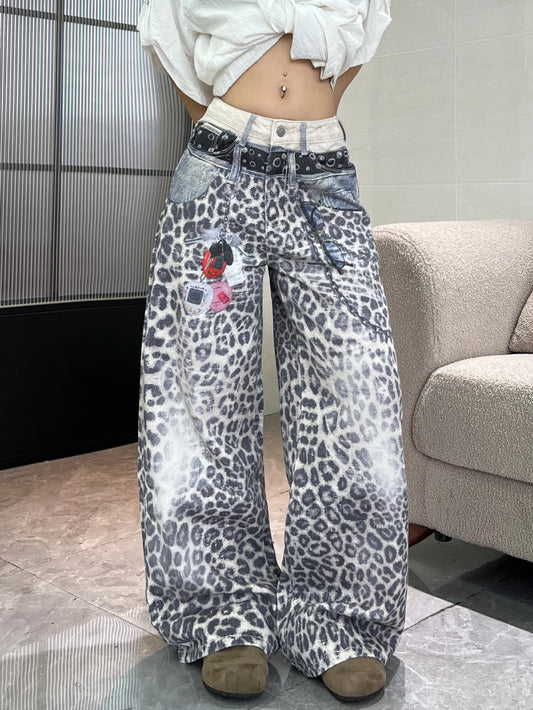 1PC Vintage Leopard Print High-Waist Loose Women's Jeans, Fashionable Design, Street Style Casual Versatile Wide-Leg Pants