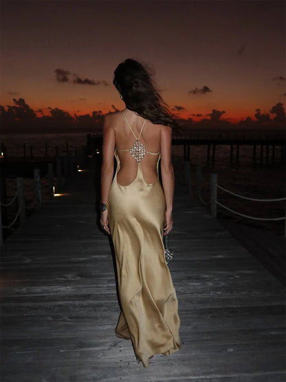 Sexy Green Hollow-out Maxi Dress Women Fashion Sleeveless Backless Pleated Slim Female Dresses Summer Party Evening Robe 2026