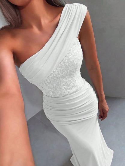 Off Shoulder Maxi Dress Women Fashion Luxury Crystal Embellished Long Evening Dress Backless Ruched White Mesh Bodice Elegant