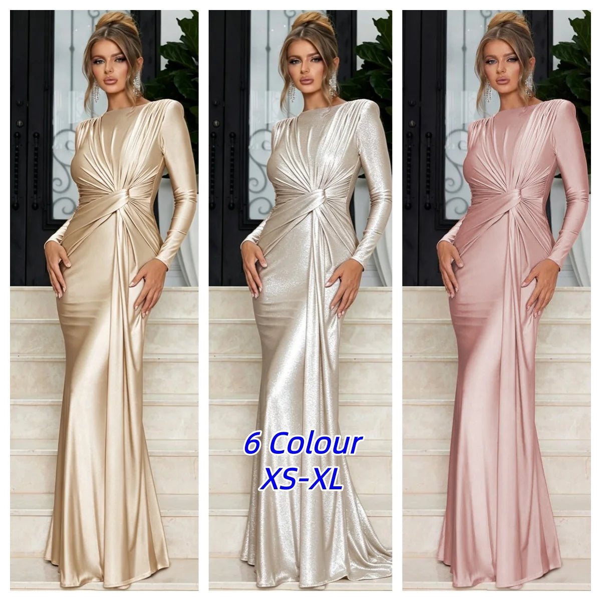 Elegant Ruched Maxi Dress for Women Long Sleeve Sexy Bodycon Club Party Evening Pleated Satin Fishtail Evening Dresses Skirt