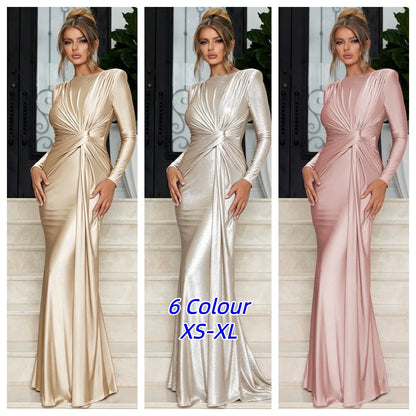 Elegant Ruched Maxi Dress for Women Long Sleeve Sexy Bodycon Club Party Evening Pleated Satin Fishtail Evening Dresses Skirt