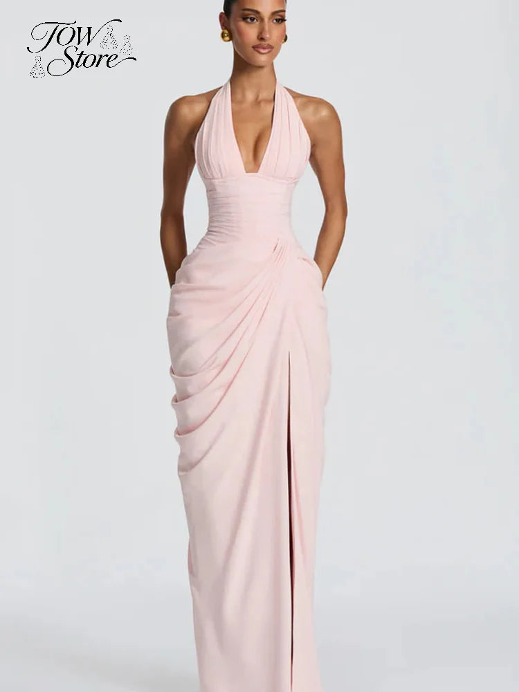 Elegant Solid Pleated Halter Women's Dress Fashion Sleeveless Backless Waist-cinching Split Maxi Dresses Summer Party Gowns 2026