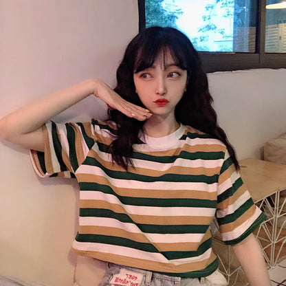 Woman Clothing Summer Crop Top Slim Tops Female O-Neck Striped Tee Shirt Street Wear Vintage 2025 Y2K New Short Sleeve T-shirt
