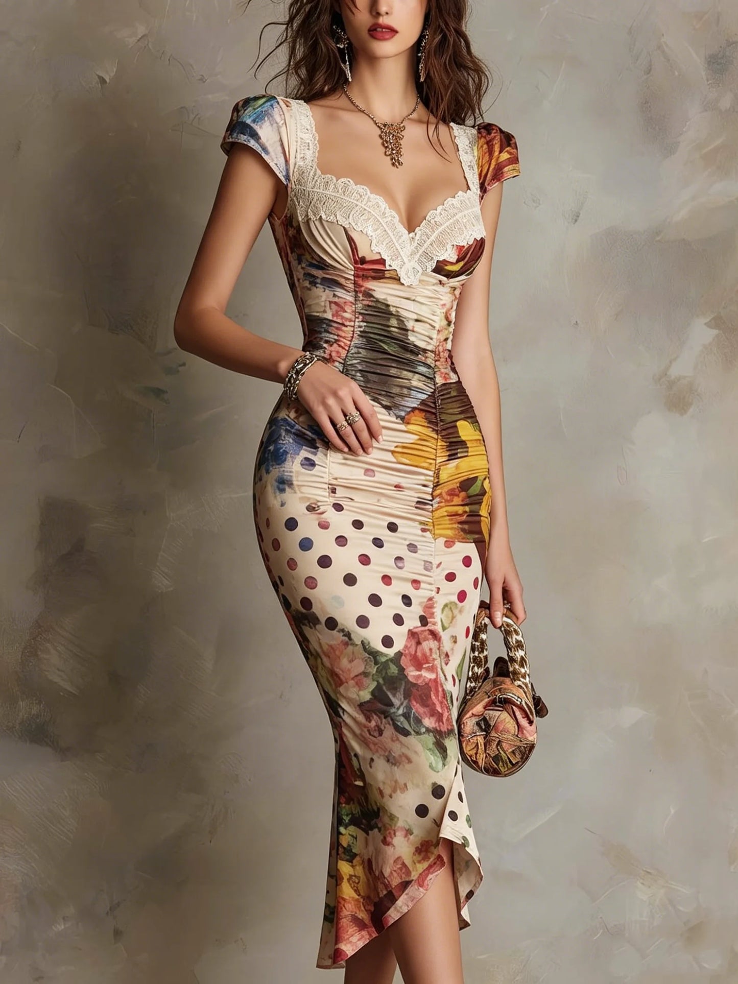 Women Fashion Floral Polka Dot Print Dress Sweetheart Neck Lace Trim Short Sleeves Ruched Bodycon Elegant Party Cocktail Dress