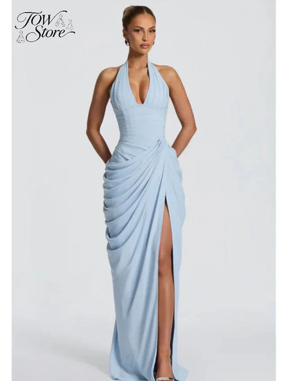 Elegant Solid Pleated Halter Women's Dress Fashion Sleeveless Backless Waist-cinching Split Maxi Dresses Summer Party Gowns 2026