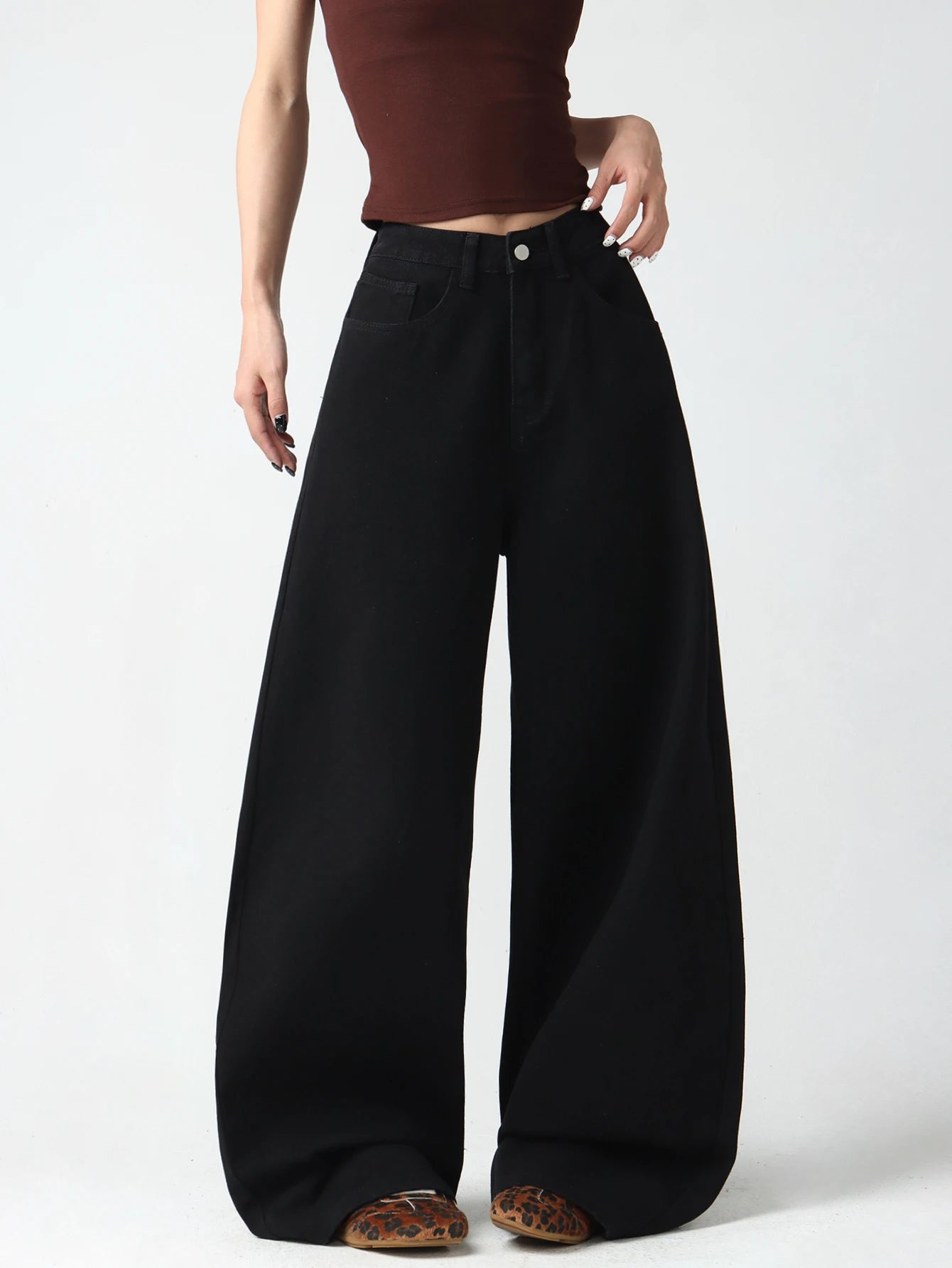 Women's Simple Black Jeans, Stylish High-Waist Pants For Going Out, Comfortable, Loose, Soft, Breathable, Everyday Versatile Wide-Leg Pants