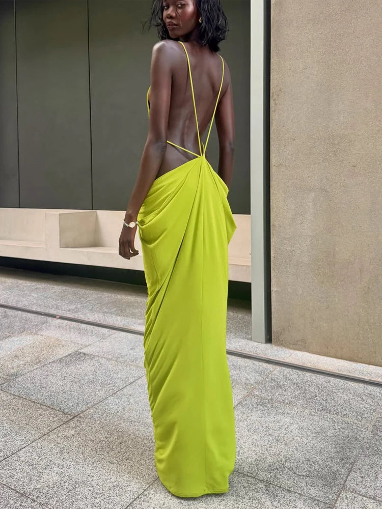 Sexy Green Hollow-out Maxi Dress Women Fashion Sleeveless Backless Pleated Slim Female Dresses Summer Party Evening Robe 2026