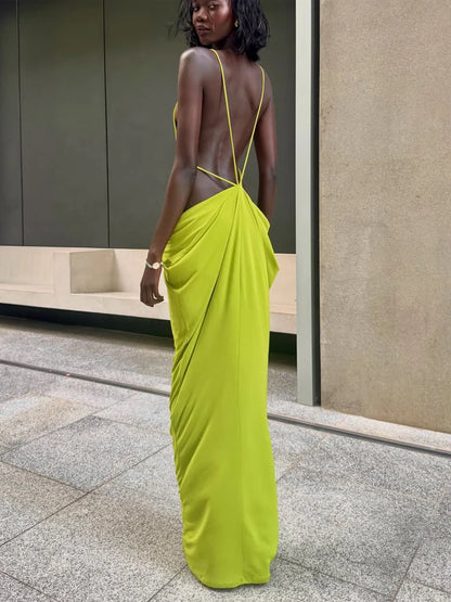 Sexy Green Hollow-out Maxi Dress Women Fashion Sleeveless Backless Pleated Slim Female Dresses Summer Party Evening Robe 2026