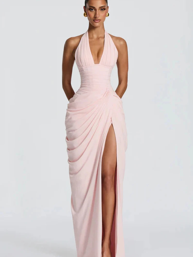 Elegant Solid Pleated Halter Women's Dress Fashion Sleeveless Backless Waist-cinching Split Maxi Dresses Summer Party Gowns 2026