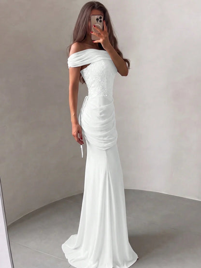 Off Shoulder Maxi Dress Women Fashion Luxury Crystal Embellished Long Evening Dress Backless Ruched White Mesh Bodice Elegant