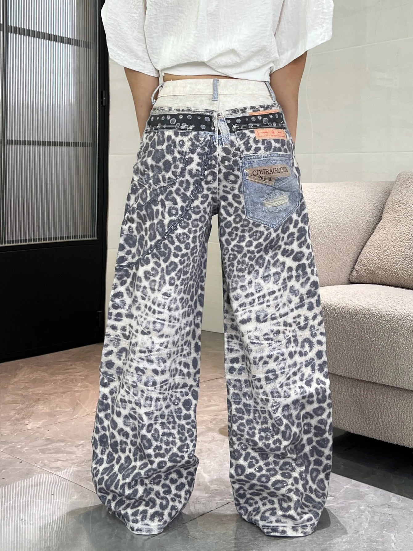 1PC Vintage Leopard Print High-Waist Loose Women's Jeans, Fashionable Design, Street Style Casual Versatile Wide-Leg Pants