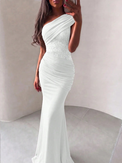 Off Shoulder Maxi Dress Women Fashion Luxury Crystal Embellished Long Evening Dress Backless Ruched White Mesh Bodice Elegant