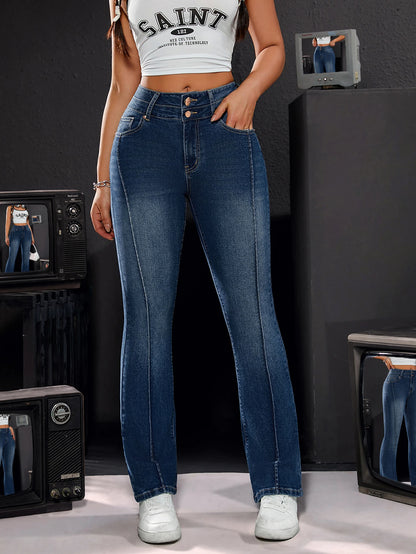 Women's High-Waisted Stretch Denim Trousers Double Button Detail Comfortable Fit Straight Leg Jeans