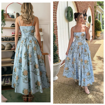 Mingmingxi Women Long Floral Print Spaghetti Strap Maxi Dress Summer Elegant Lace Up Dress Flowy Holiday Party Beach Wear Dress