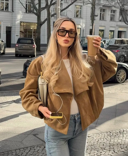 Women’s Camel Draped Front Jacket – Trendy Winter Fashion Outerwear | Stylish Long Sleeve Casual Jacket for Women