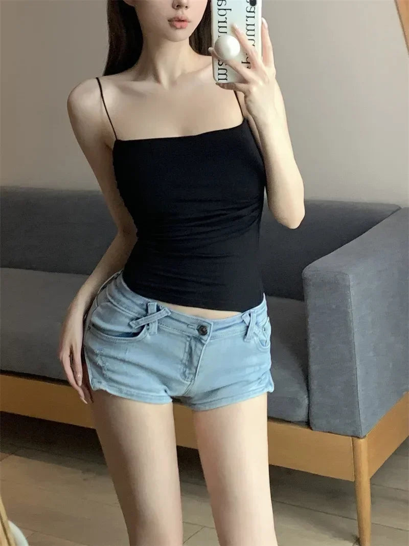 Summer Camisoles Tank Tops Women With Built In Bra Spaghetti Strap Tanks Vest Sleeveless Tees Cropped Top Solid Color Casual Top