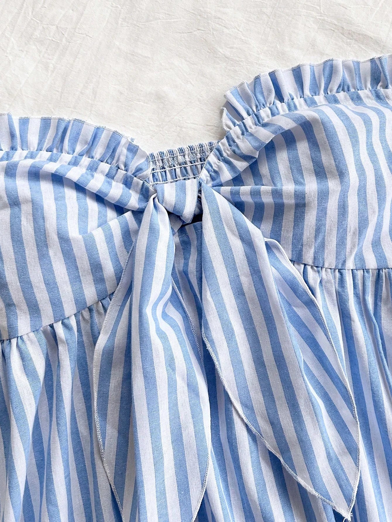 Blue And White Striped Set with Bow Waist Top And Casual Shorts Women's Preppy Style Outfit Two-Piece Ensemble
