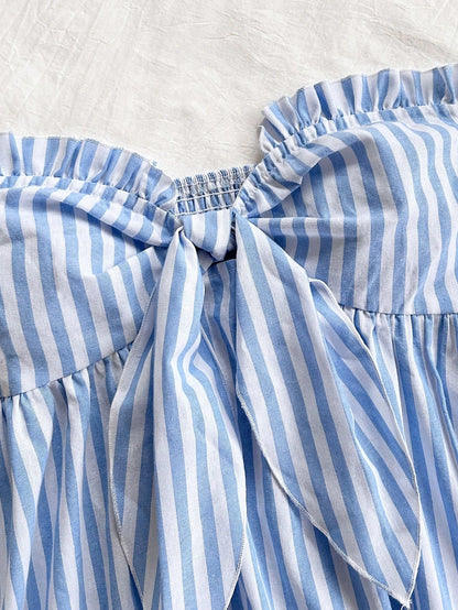 Blue And White Striped Set with Bow Waist Top And Casual Shorts Women's Preppy Style Outfit Two-Piece Ensemble