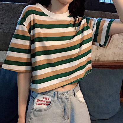 Woman Clothing Summer Crop Top Slim Tops Female O-Neck Striped Tee Shirt Street Wear Vintage 2025 Y2K New Short Sleeve T-shirt