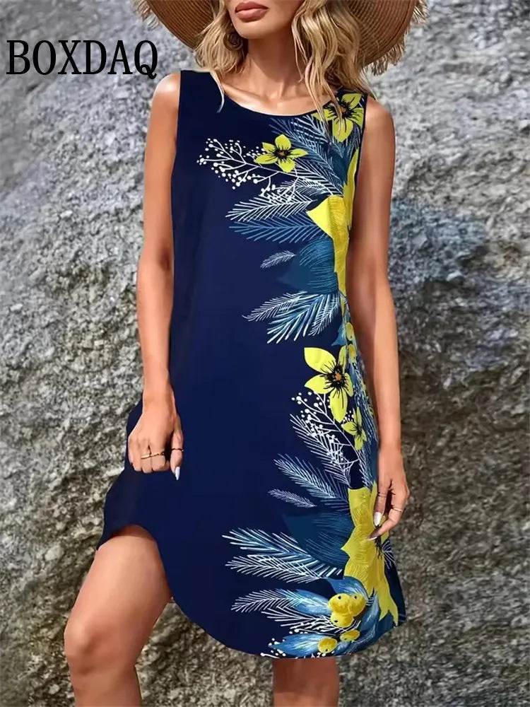 Summer Retro Plant Flowers Print Dress Women Round Neck Sleeveless Vest Dress Casual Vacation Beach Loose Sundress Women's Dress