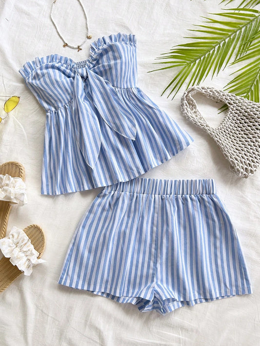 Blue And White Striped Set with Bow Waist Top And Casual Shorts Women's Preppy Style Outfit Two-Piece Ensemble