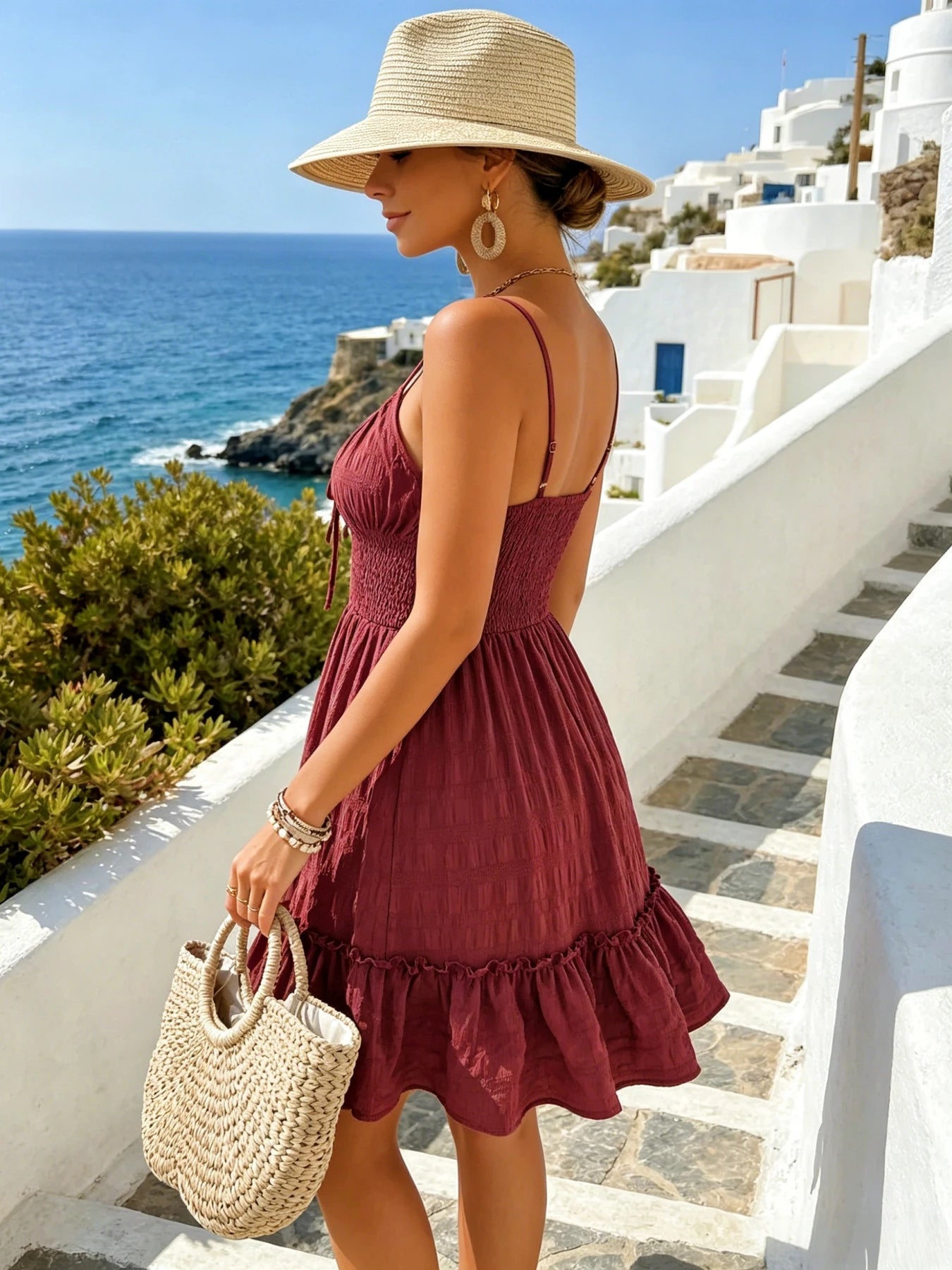 Women's Adjustable Spaghetti Strap Tie Front Smocked Waist Ruffle Hem Mini Sundress Summer Beach Vacation Dress