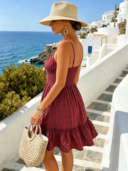Women's Adjustable Spaghetti Strap Tie Front Smocked Waist Ruffle Hem Mini Sundress Summer Beach Vacation Dress