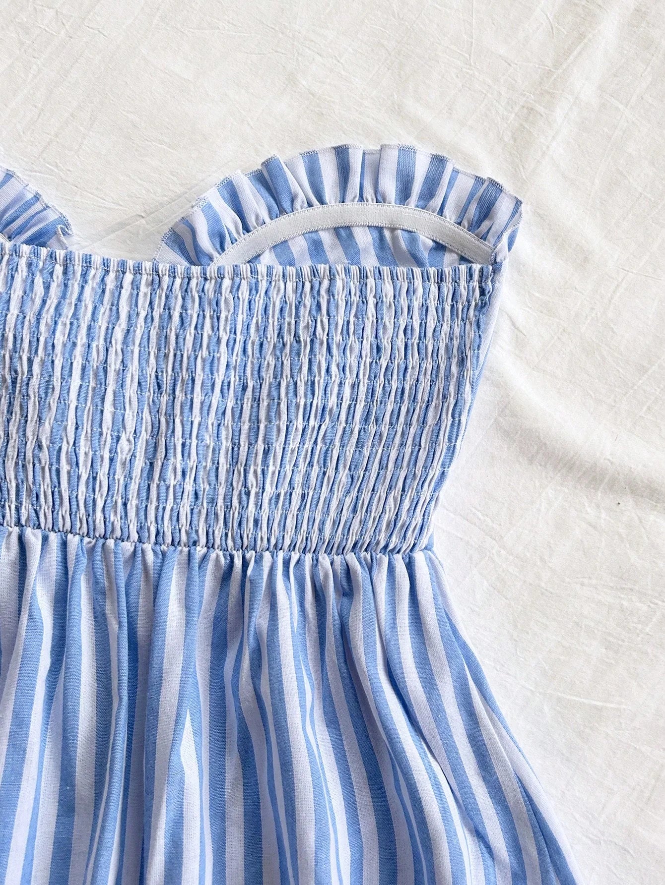 Blue And White Striped Set with Bow Waist Top And Casual Shorts Women's Preppy Style Outfit Two-Piece Ensemble