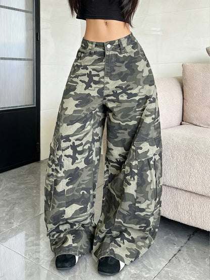 Women's American Vintage Multi-Pocket Camouflage Work Pants, Fashionable Casual Loose-Fit Slim Cocoon-Style Jeans