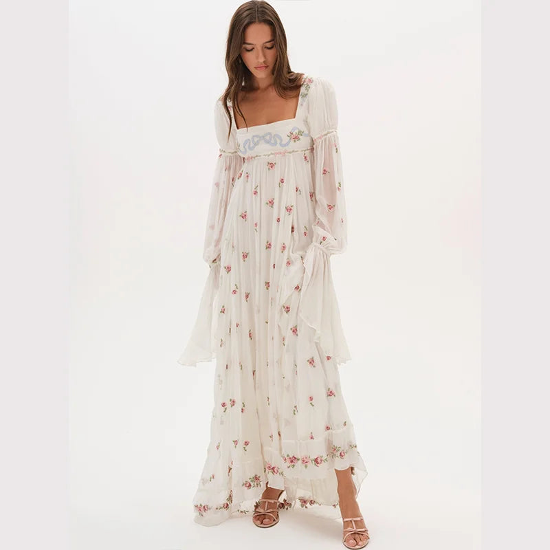cottagecore wedding guest dress Floral Maxi Women's Square Neck Long Puff Sleeve Emp – Stylora Ruched bust leads to Rib Knit Detail Peplum Side train Length:30L