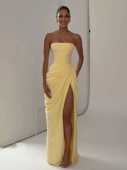 Elegant Solid Pleated Halter Women's Dress Fashion Sleeveless Backless Waist-cinching Split Maxi Dresses Summer Party Gowns 2026