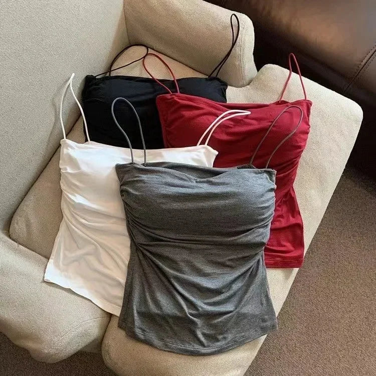 Summer Camisoles Tank Tops Women With Built In Bra Spaghetti Strap Tanks Vest Sleeveless Tees Cropped Top Solid Color Casual Top