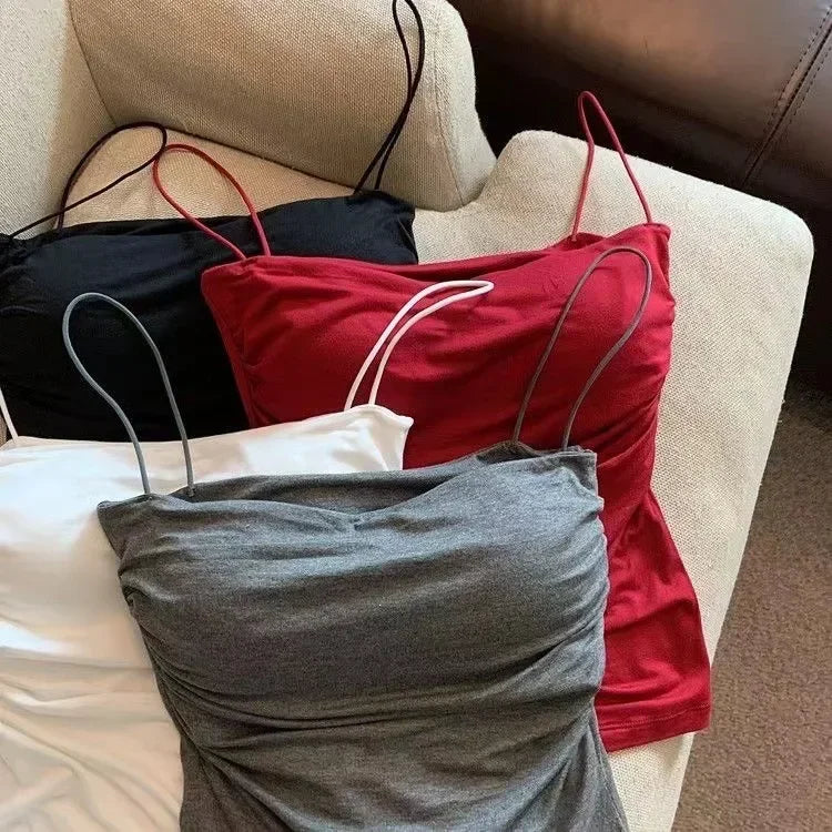 Summer Camisoles Tank Tops Women With Built In Bra Spaghetti Strap Tanks Vest Sleeveless Tees Cropped Top Solid Color Casual Top