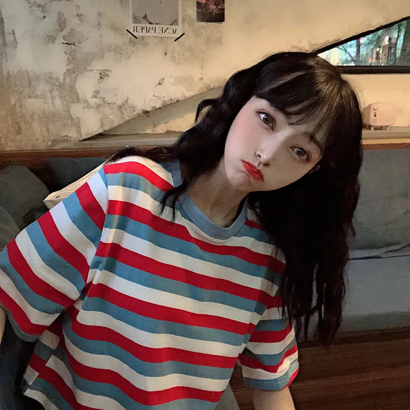 Woman Clothing Summer Crop Top Slim Tops Female O-Neck Striped Tee Shirt Street Wear Vintage 2025 Y2K New Short Sleeve T-shirt