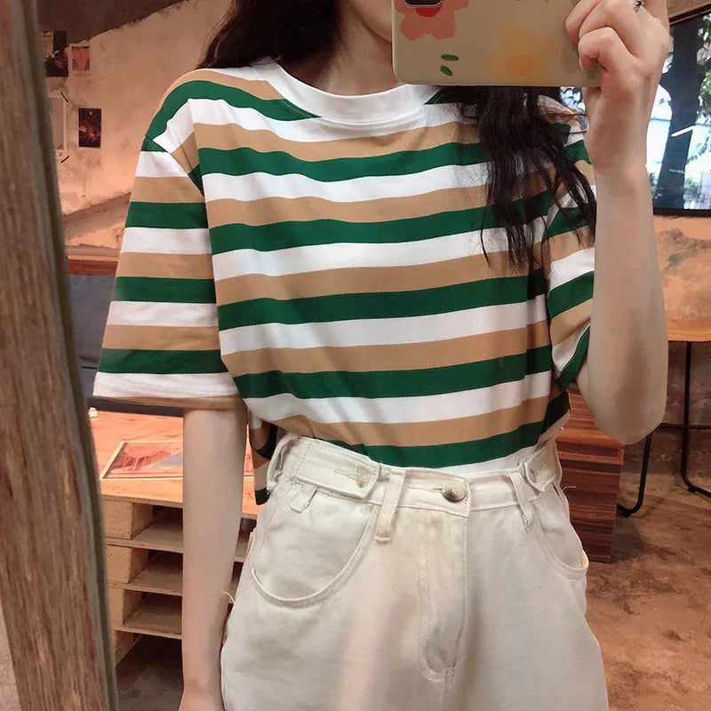 Woman Clothing Summer Crop Top Slim Tops Female O-Neck Striped Tee Shirt Street Wear Vintage 2025 Y2K New Short Sleeve T-shirt