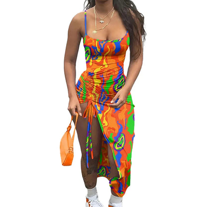Women Summer Sexy Suspender Long Dress Split Printing Tie Up Dress Fashionable Elegant Club Beach Party Clothing